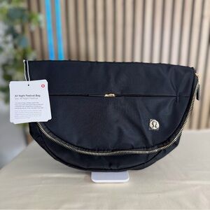 NWT lululemon all night festival Bag Black and gold hardware expanded bag 5L.